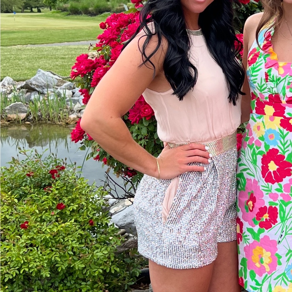 French Connection Silver Sequin High Waist Shorts